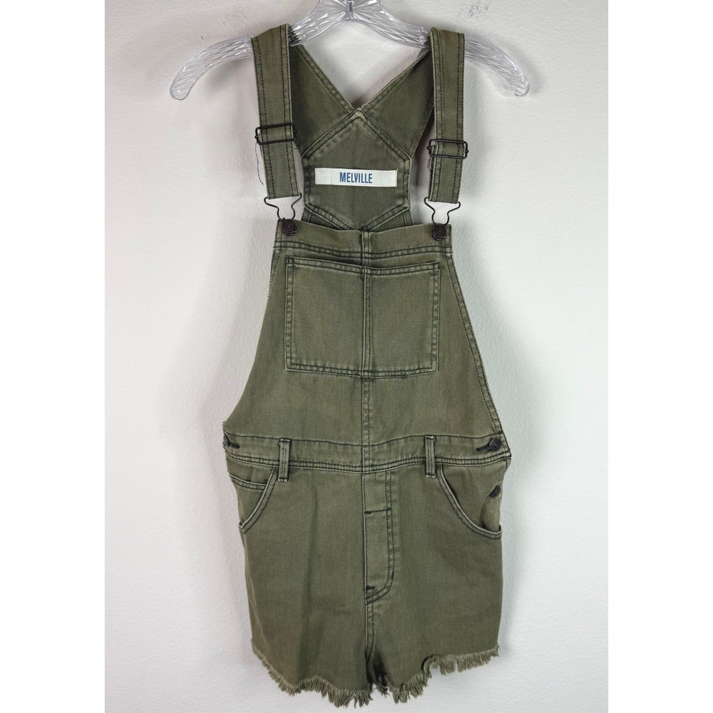 Melville Shortalls Women Size M Olive Green Denim Overalls Frayed Hem Bib Pocket